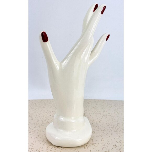 Vintage 80s ceramic hand, jewelry display, ring holder, hand painted - Picture 3 of 10